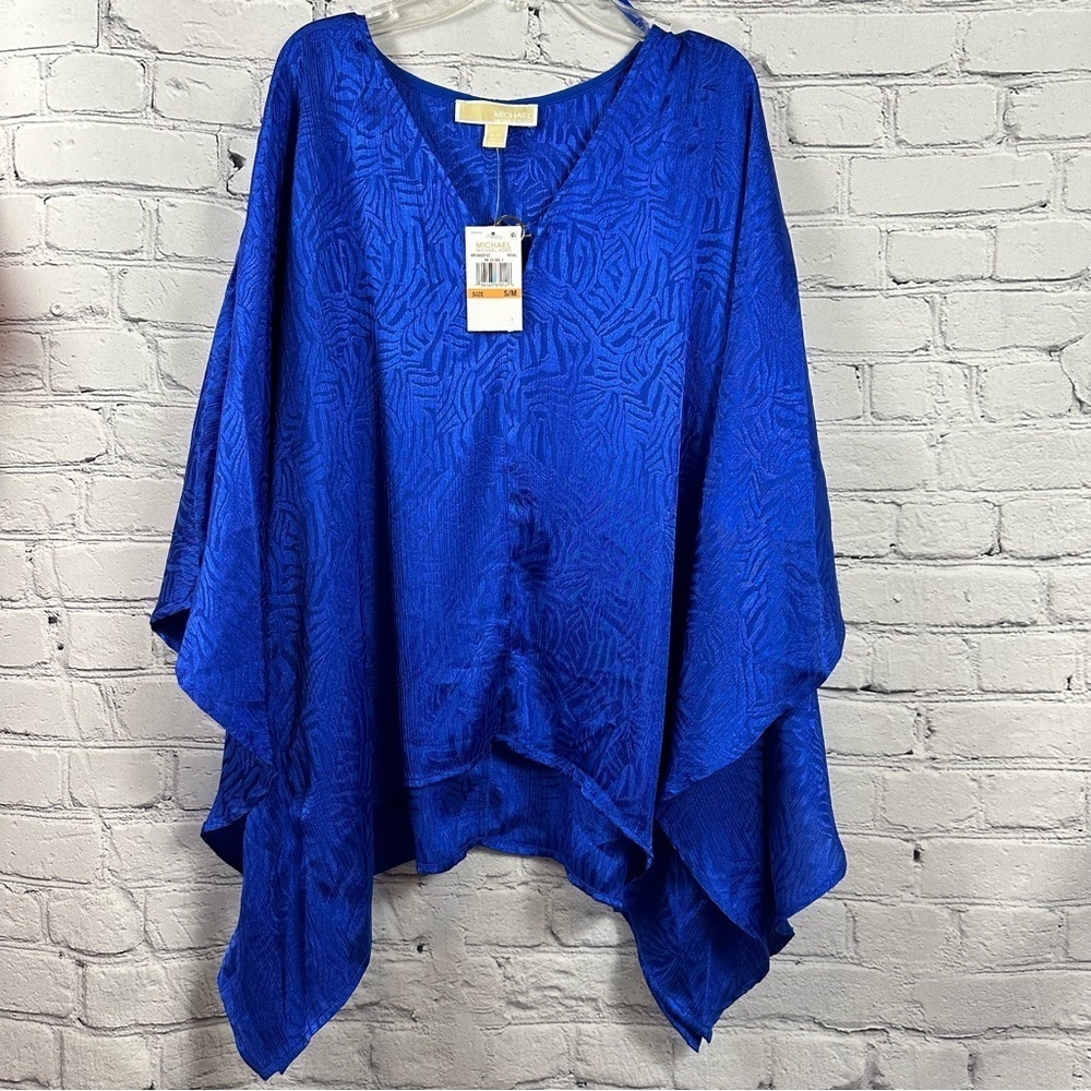 Michael Kors Handkerchief Hem Zebra Print Jacquard Flowy Top Royal Blue  S/M NWT
